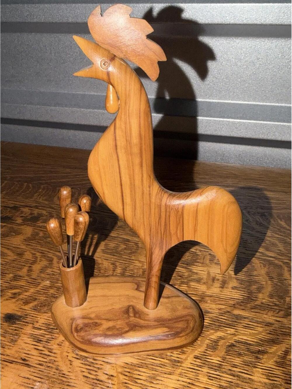 Mid-century modern hand-carved wooden rooster cocktail appetizer pick holder set